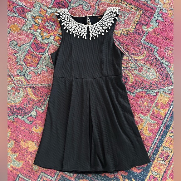 Free People | Womens Black Mini Dress Cream Crochet Peter Pan Collar Open Back M - Picture 7 of 16